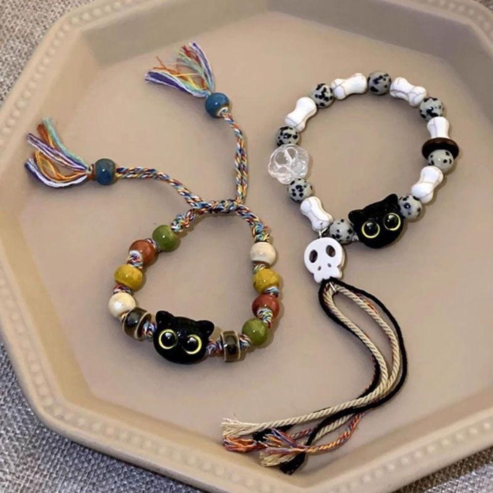 Skull Cat Black Cat Bracelet Colorful String Cartoon Hand Ring Cute Handmade Bead Bracelet  Gift