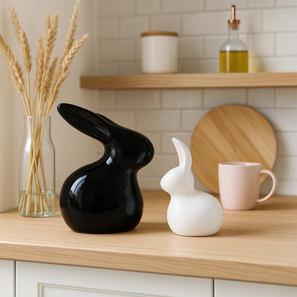 Home Decor Ceramic Rabbit Figurines (Set of 2, Black and White)
