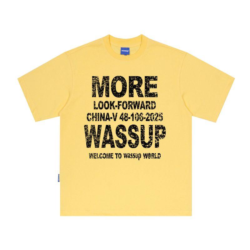 Wassup Trendy Brand Distressed Inkjet Letter T-Shirt Short-Sleeved Men's Summer Loose Casual Couple Round Neck Half-Sleeved Top