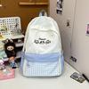 Cartoon Print Color Block Backpack, Large Capacity for Middle and High School Girls, Plaid Patchwork Design.