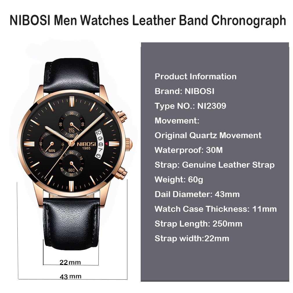 NIBOSI Men's Watch Leather Strap Chronograph Waterproof Brand Analog Business Wristwatch Stylish Casual Big Face Gentleman Luxury Gift Gold Black