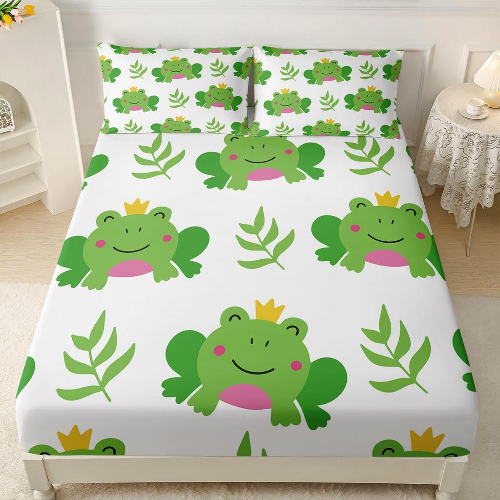 Милый мультяшный узор с лягушкой Шапка на кровать из трех частей Цифровая печать Постельное белье Шапка на кровать Набор из трех частей Дети и взрослые