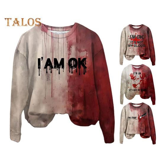 Women Sweatshirt 3D Bloodstain Print Round Neck Casual Halloween Haunted House Cosplay Top Long Sleeves Loose Hoodie