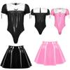 Mens Sissy Crossdresser Maid Cosplay Costume Set Patent Leather Puff Sleeve Lace Trim Bodysuit with Flared Skirt