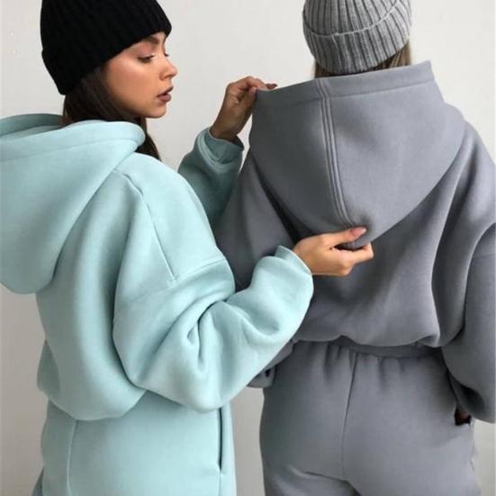 Зимний спортивный костюм из 2 шт./компл., однотонный свободный пуловер с капюшоном, толстые, сохраняющие тепло, топ с эластичной резинкой на талии, спортивные штаны с ремешками на щиколотке