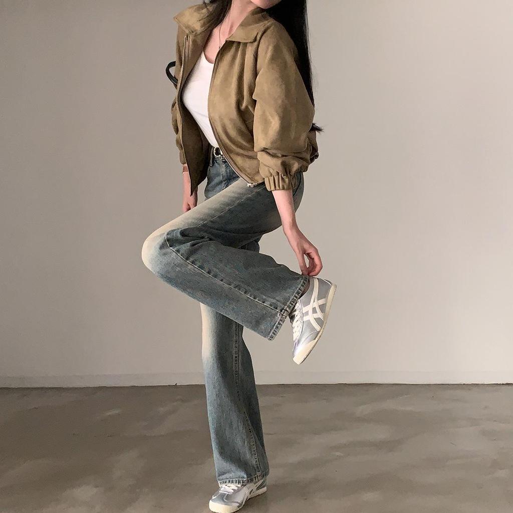 Korean Chic Autumn Retro Faux Suede Stand-Up Collar Zip-Up Jacket for Women