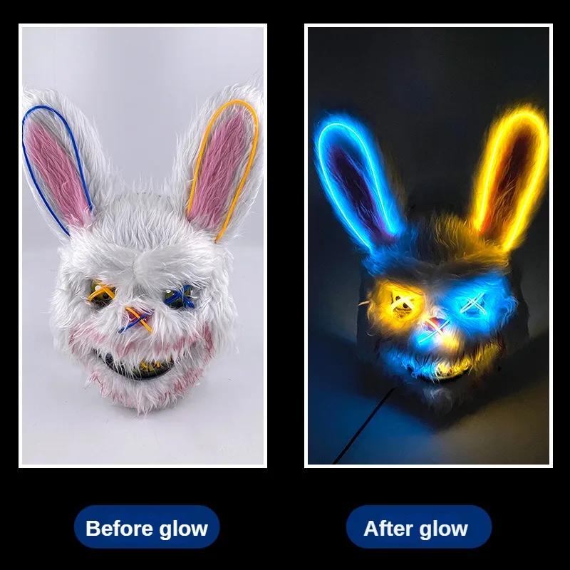 Halloween Decor Plush LED Bunny Mask Funny Cross Eye Rabbit Headgear for Kids Adult Cosplay Party Costume Spoof Photo Prop