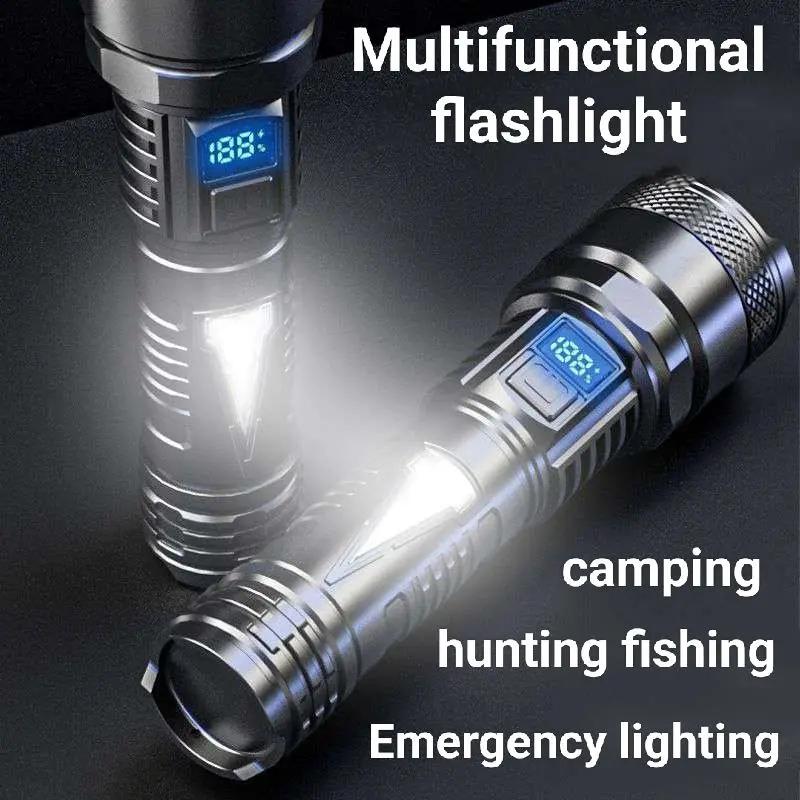 Strong Light LED Flashlight USB Rechargeable Lamp COB Lights Power Display Waterproof Torch Light Super Bright Spotlight Lightweight Flashlights