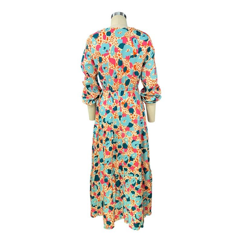 Весенне-осеннее женское платье, модные свободные платья средней длины с v-образным вырезом и длинным рукавом с принтом