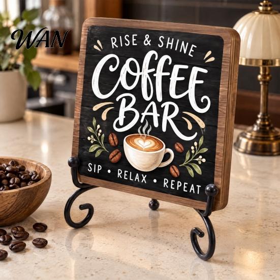 Coffee Decor for Home 5" x Bar Sign, Wooden with Metal Station Accessories Display Rack, Vintage Tabletop Decorations, Gift Lovers