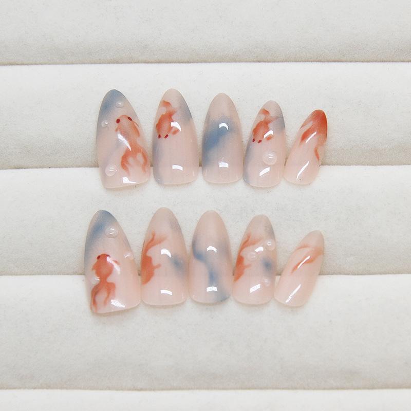 Nail Patch Summer Goldfish False Nail Three-dimensional Bubble Removable Nail Smudge Wear Nail Nail Patch 24 pieces