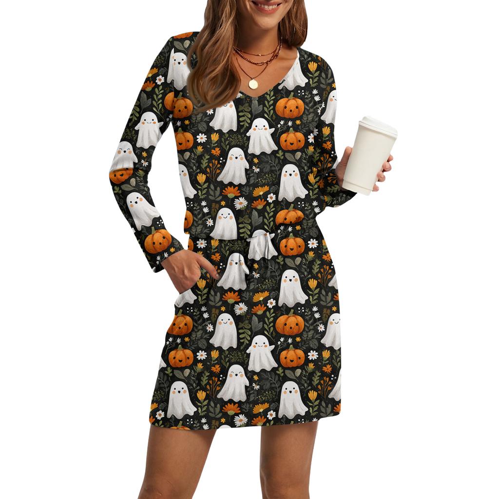 Women's Fashionable V-neck Long Sleeved Drawstring With Pocket Halloween Printed Casual Dress