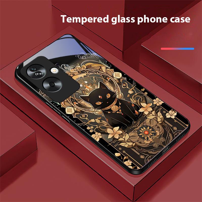 Черный Золотой Кот Для Oppo A79 5G 58 78 74 60 4G Reno 11F Realme GT 6 11 Note 50 10 C55 X2 Закаленное Стекло Черный Чехол для Телефона