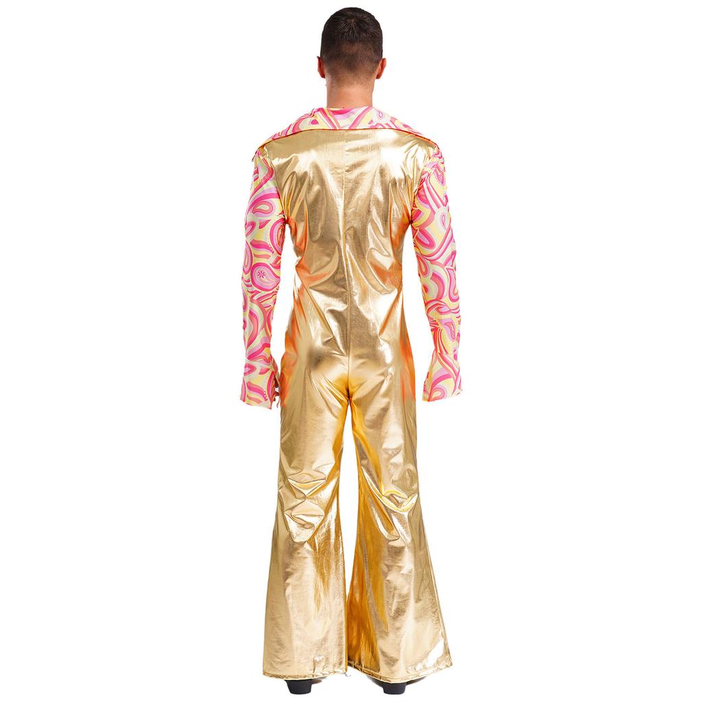 Men Hippie Romper V Neck Lapel Flare Sleeves Bell Bottom Jumpsuit Patchwork Design Music Festival Wear