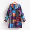 Women Winter Coat Vintage Ethnic Printing Patchwork Plush-lined Hooded with Pockets Mid Length