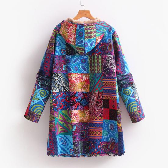 Women Winter Coat Vintage Ethnic Printing Patchwork Plush-lined Hooded with Pockets Mid Length