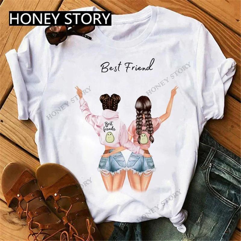 Summer Fashion Best Friends T-Shirt Short Sleeve Graphic Tees for Ladies Good Friend Bestie Sister Outfit Polyester Fabric