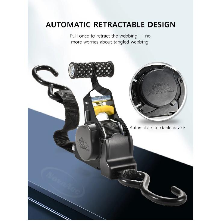 NovaAcc Retractable Ratchet Tie Down Strap for Heavy Duty Ratchet Straps 680KG Quick Release Motorcycle Car Cargo Luggage