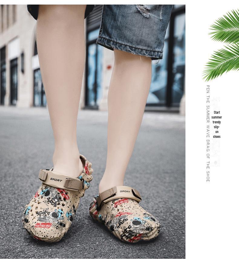 Мужские сандалии из ЭВА с толстой подошвой и принтом граффити: Универсальная обувь с отверстиями для заброда и пляжного ношения