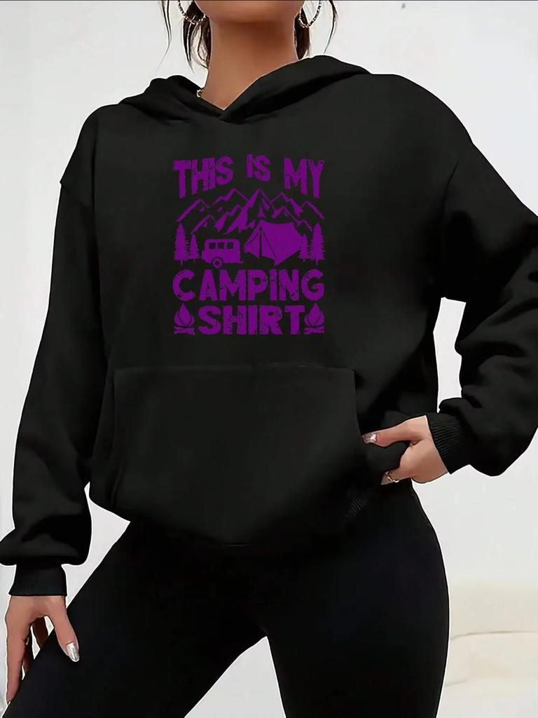 Cozy Black Hoodie with Camping Graphic Perfect for Outdoor Adventures And Casual Wear Women's Oversized Hoodie Casual Streetwear S