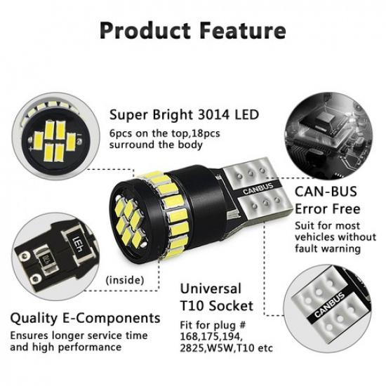 2X 194 168 2825 T10 CANbus License Plate Side Marker Light 6000K White LED Lamps