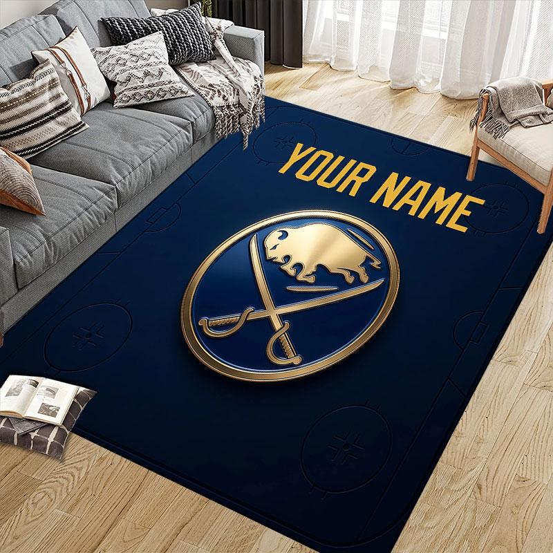 Custom Name,Buffalo Sabres Home Sofa Decoration for Living Room & Bedroom, Non‑Slip Play Flannel Floor Mat for Game Room