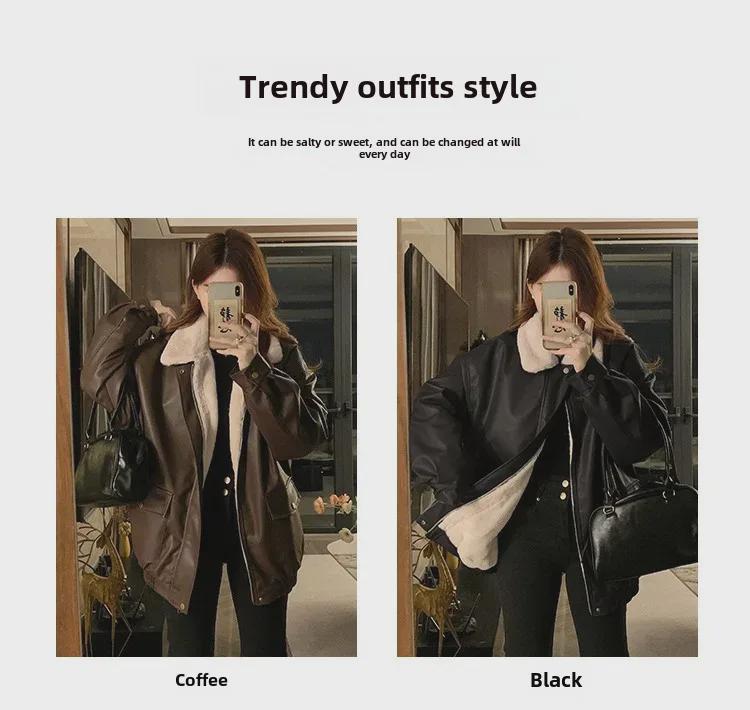 Женское высококачественное зимнее пальто из американской мотоциклетной кожи и хлопка: Корейский стиль, свободный крой, плюс бархат, плотная, короткая куртка.