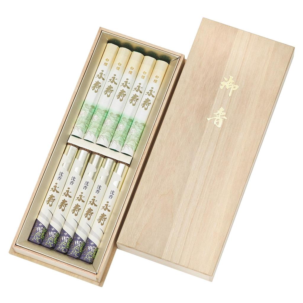 Nippon Kodo Eiju (2-Piece Set) by Sandalwood and Agarwood, 10 Short Pieces In Paulownia Wood Box, Packaged, 1 Box