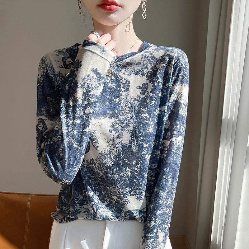 Women S Long Sleeve Pullover T Shirt Abstract Ink Print Regular Fit Base Top