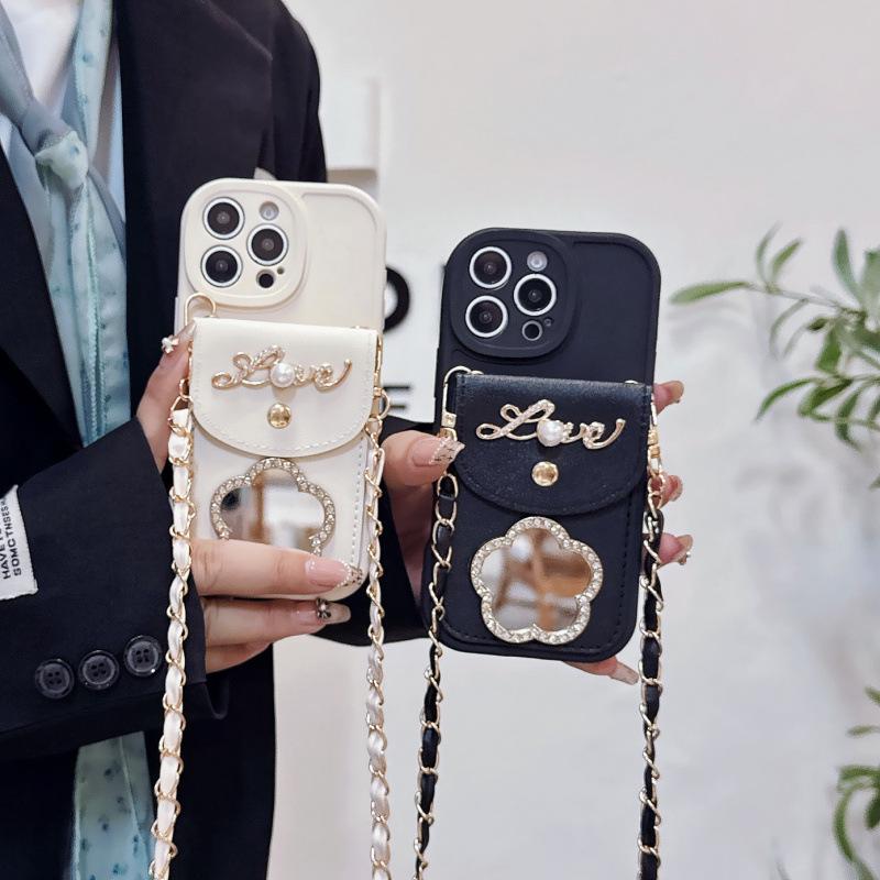 Зеркало для макияжа с полным покрытием Чехол-кошелек на ремешке для iPhone 16 Pro Max/17 Air/14/15