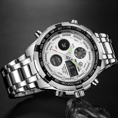 GOLDEN HOUR Роскошные мужские аналогово-цифровые часы из нержавеющей стали, для активного отдыха, водонепроницаемые, большие, тяжелые, серебристо-белые, цифровые, кварцевый механизм.