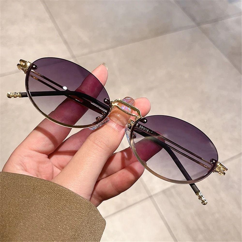 Vintage Metal Punk Sunglasses Rimless Oval Sun Glasses Trendy Frameless Shades Uv400 Protection Gradient Glasses
