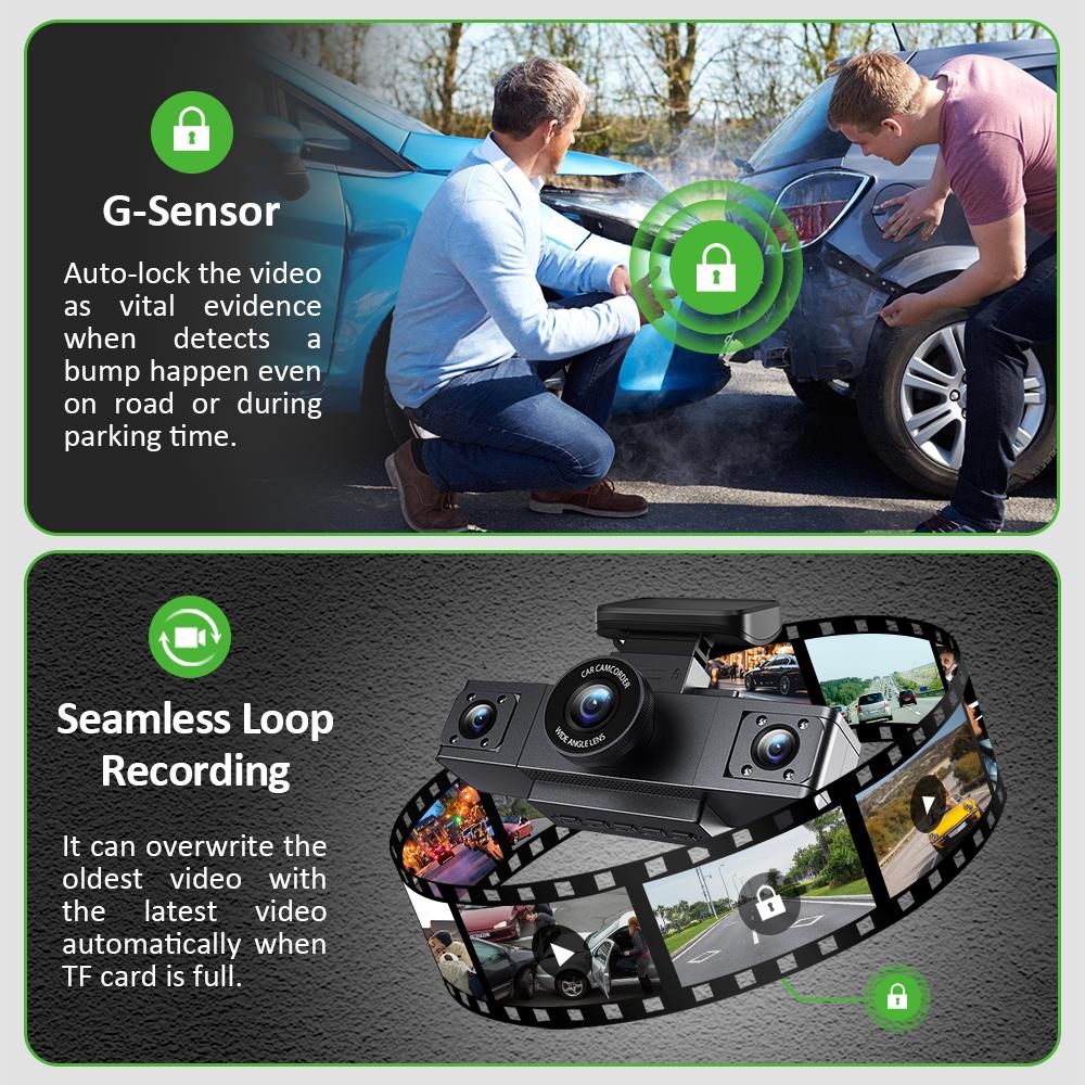 Dashcam 3 Channel Black Box Video Recorder Dash Car Three Lens Car Camera with Rear View DVR 24H Parking Monitor Car Accessories