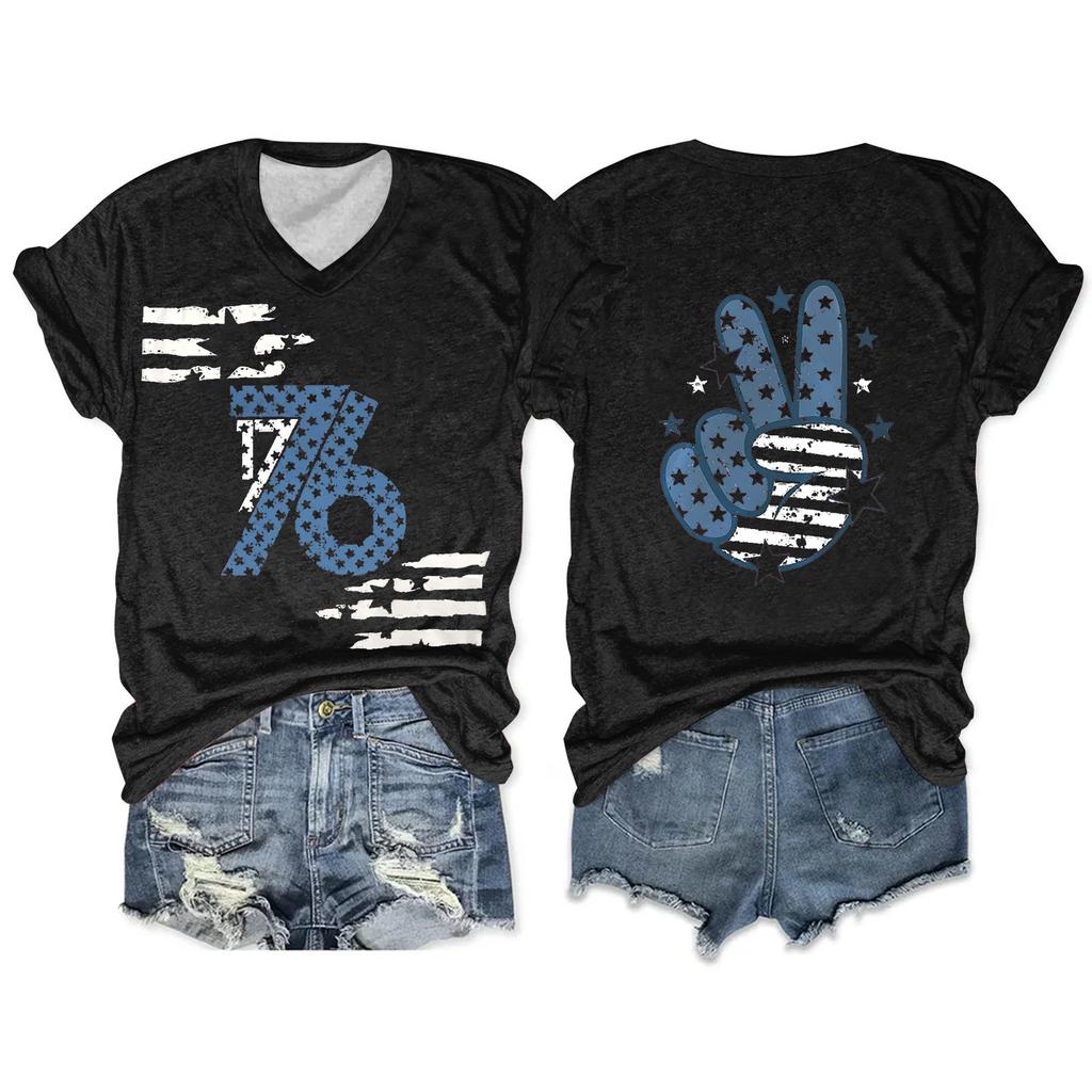 Women'S T-Shirt Casual Loose Printed V-Neck Pullover Short Sleeved Top