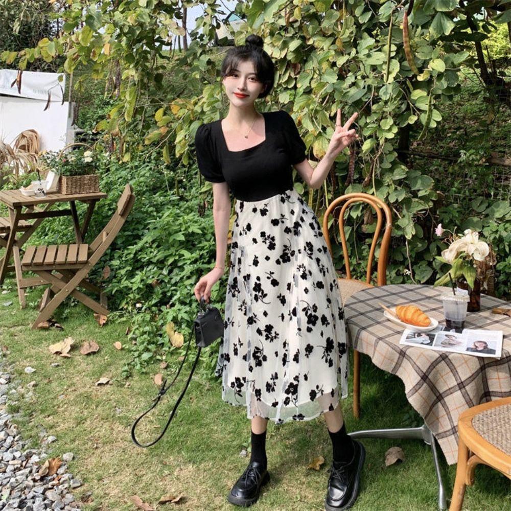 Длинное платье с квадратным вырезом и цветочным узором, пэчворк, платье с короткими рукавами, элегантная юбка А-силуэта, вечернее платье