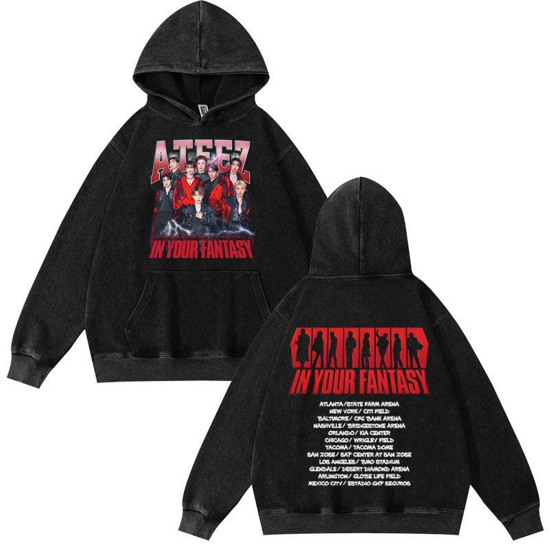 Ateez in Your Fantasy Hongjoong Seonghwa Yunho Yeosang San Mingi Wooyoung Vintage Washed Hoodie Long Sleeve Harajuku Sweatshirt