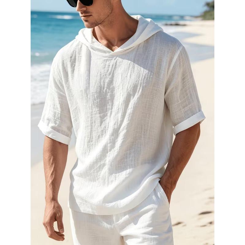 Mens Linen Hooded Short Sleeve T Shirt Loose Fit For Beach Vacation