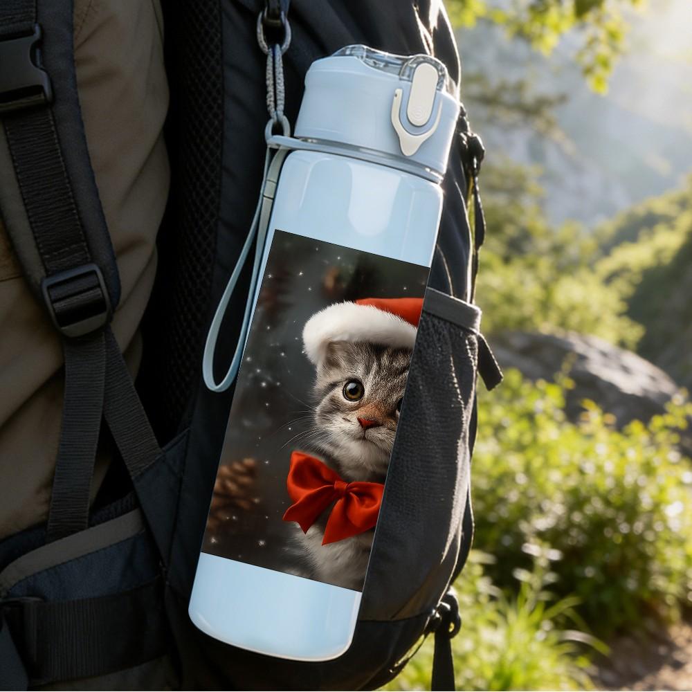 1PC Christmas Santa Hat Kitten Portrait 750ml Color Plastic Sports Water Bottle Leakproof Flip Straw Lid Suitable for Sports Office Home Use
