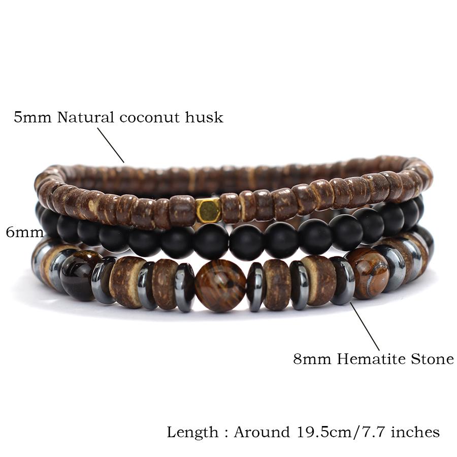 Handmade 3Pcs Men Bracelet Set Natural Coconut Husk Beads Braslet Lava Tiger Eyes Hematite Stone Wrap Braclet Meditation Pulsera