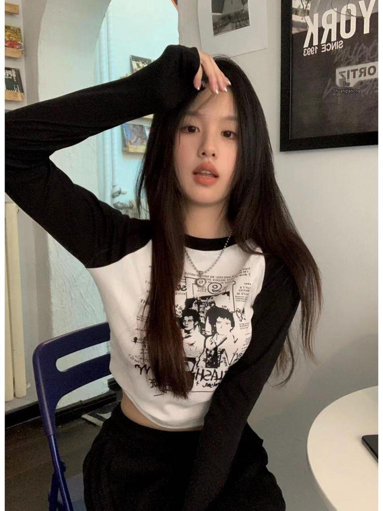 Женская приталенная футболка с длинным рукавом в стиле ретро, с цветными блоками