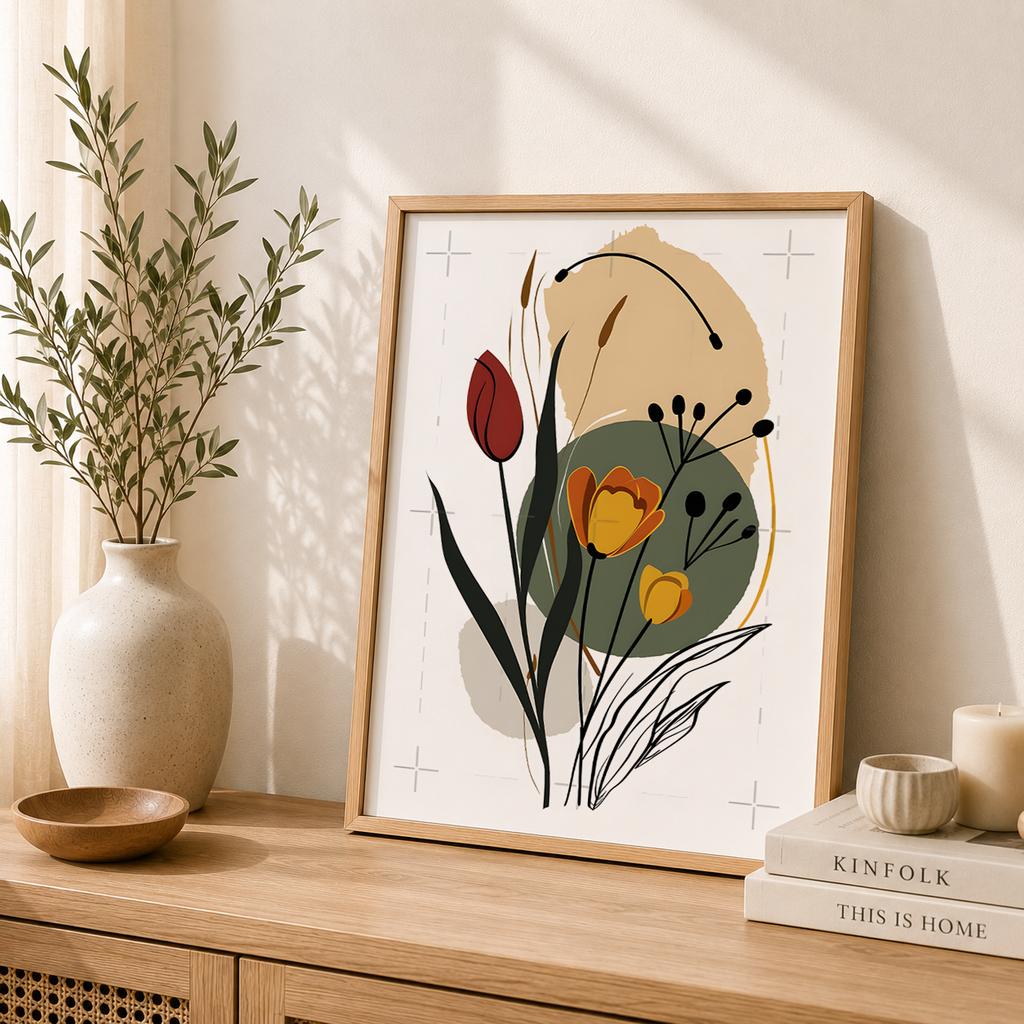 Boho Floral Wall Art, Abstract Line Art Canvas Painting, Minimalist Botanical Poster Print for Bedroom Living Room Wall Decor