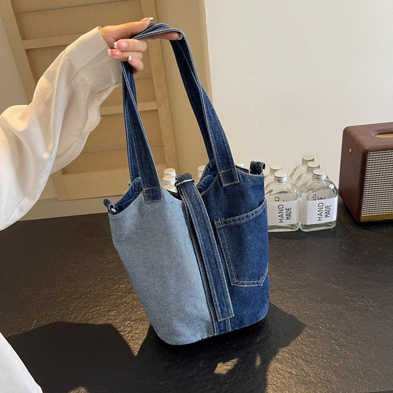 Niche Bucket Canvas Bag Women's Bag Literary Fashion Hand Bill Shoulder Bag Patchwork Denim Crossbody Bag