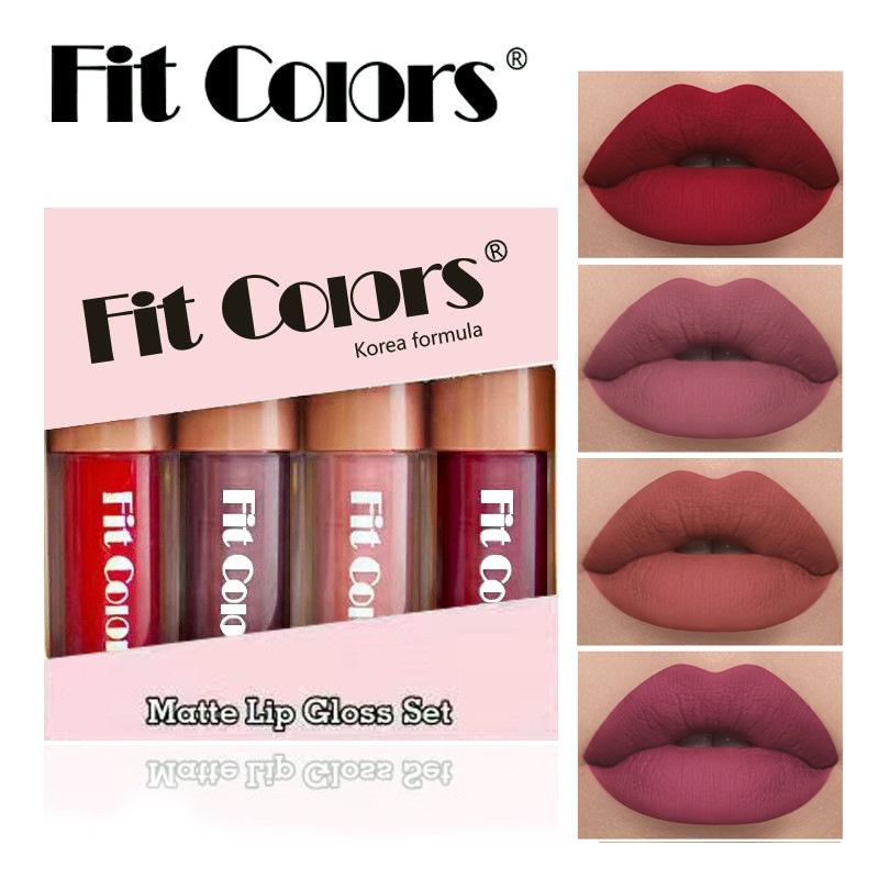 Fit Colors 4pcs Lip Gloss Set Matte and Diamond Glitter Liquid Lipstick Waterproof Long-Lasting Non-Stick Cup Velvet Lip Tint Makeup Gift Kit