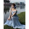 Wind Tube Top Tulle Dress Women's Summer Vacation Slanted Shoulder Atmosphere Slightly Transparent Kinked Long Dress Looks Thin