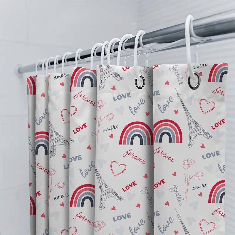 Modern Bathroom Shower Curtain with Love Pattern for Home Decoration White Fabric Waterproof Size 72x84 Inch Red Rainbow Eiffel