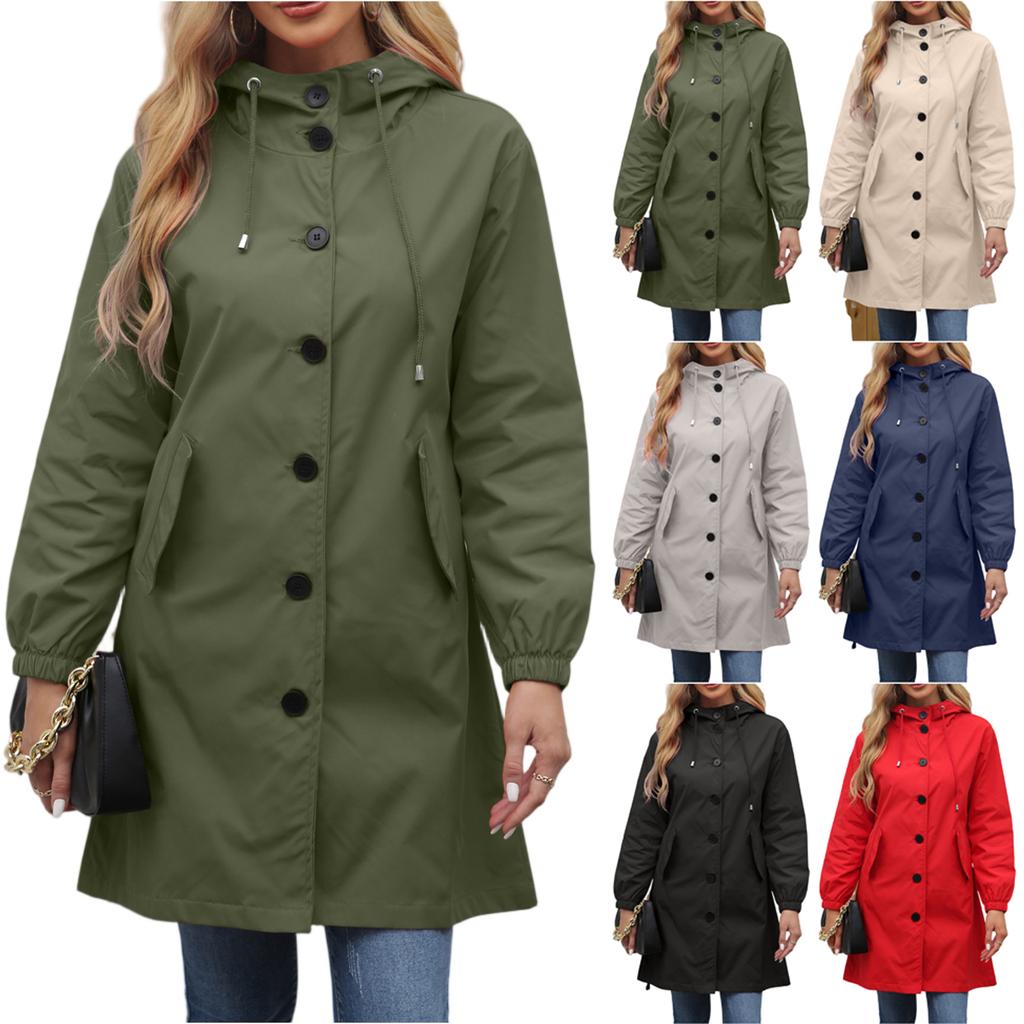 Women's Fashionable Solid Color Hooded Long Sleeved Zipper Pocket Waterproof Windbreaker Loose Trench Coat Jacket