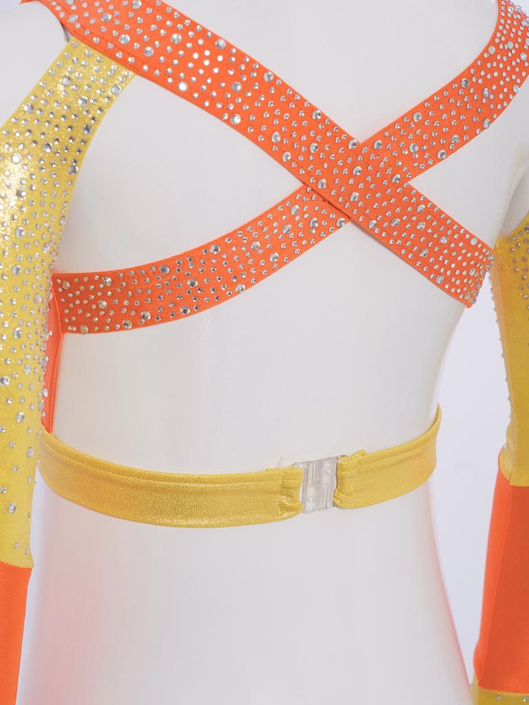 Girls Gymnastics Dance Top Long Sleeve Shiny Rhinestone Color Block Cross Back Cutout Crop Top