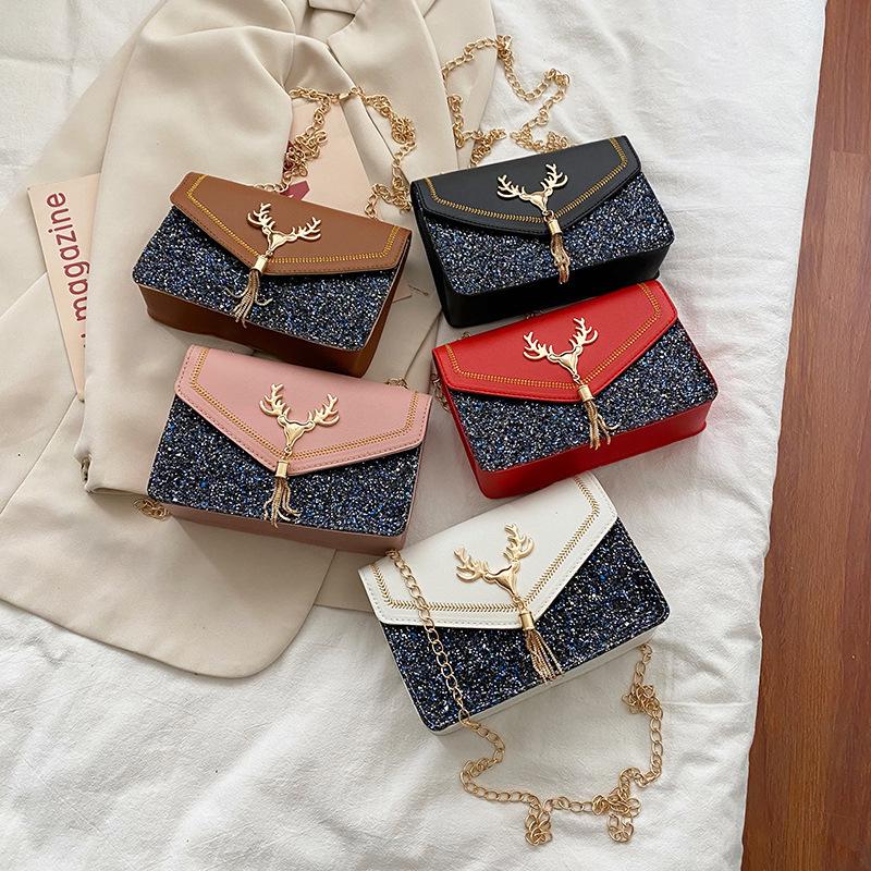 Korean Style Internet Celebrity Bag for Women, Small Deer Tassel Sequin Women's Bag, Women's Shoulder Small Square Bag