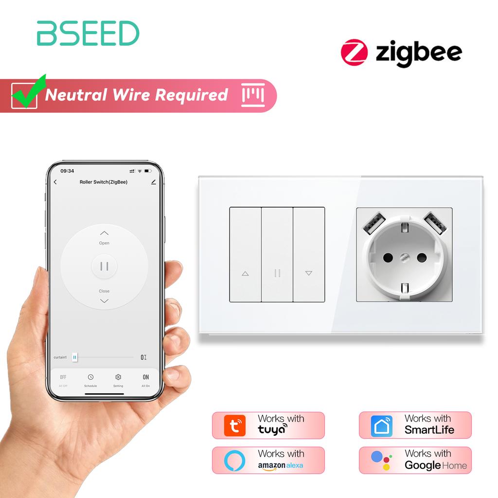 BSEED Zigbee Shutter Switch Series Wall Smart Click Switches Yellow Backlight Glass Frame Tuya APP Roller Switch EU Wall Sockets