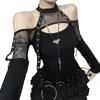 AltGoth Mall Gothic Sexy T-shirt Women Streetwear Harajuku Y2k E-girl Mesh Patchwork Hollow Out Long Sleeve Halter Crop Tee Tops